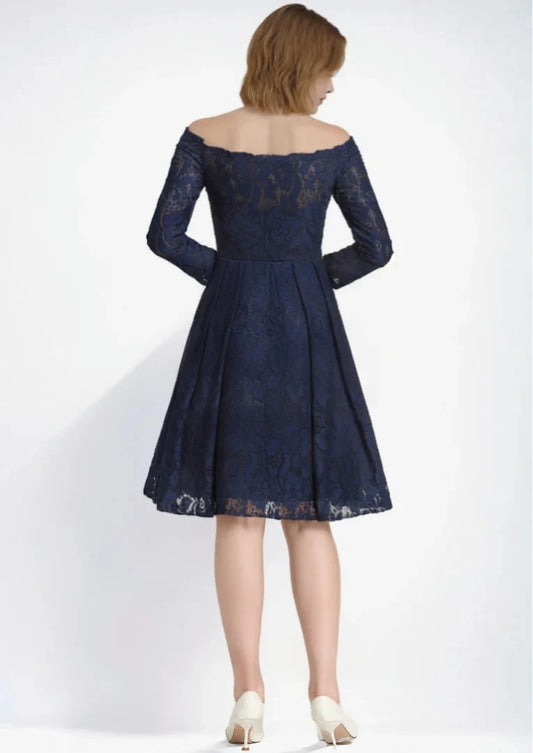 Elegant A-Line Prom Evening Dress Lace Off-the-Shoulder 3/4 Sleeve Pleated Knee-Length Wedding Guest Dress 2025 Free Customized