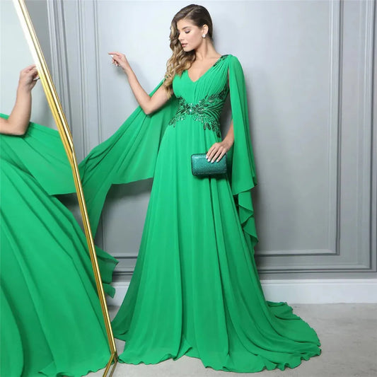 Elegant Green A-Line Prom Dress V-Neck Long Cape Sleeve Sequineds Ruched Floor Length Evening Dress robes de soirée Green