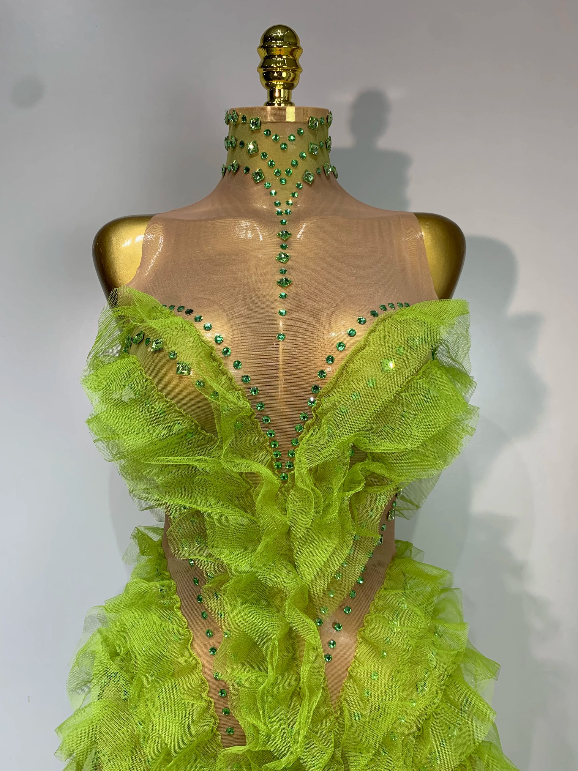 Sparkly Green Rhinestones Mesh Sheer Ruffle Maxi Long Dress Celebrate Birthday Eveing Party Nightclub Stage Performance Costumes