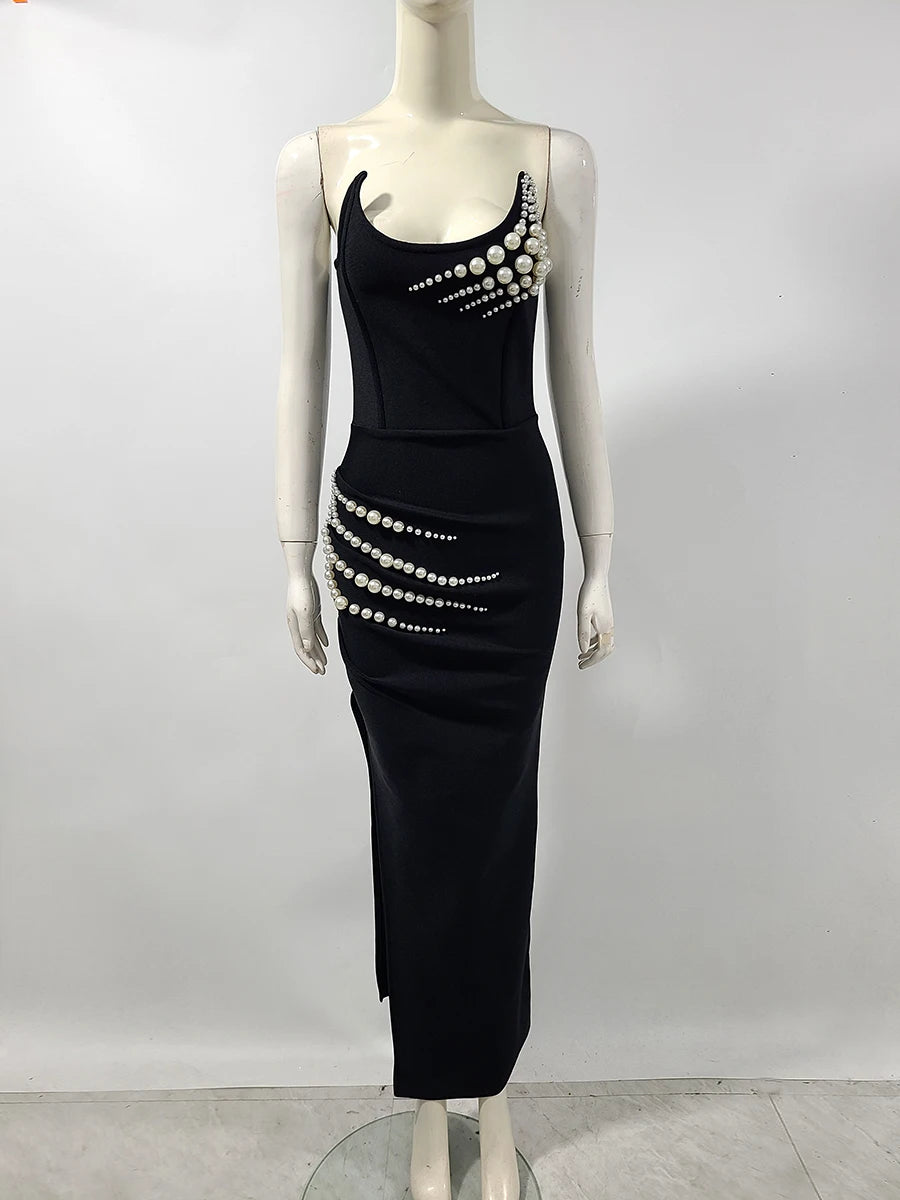 Women Black Strapless Pearl Bead Bandage Bodycon Maxi Dress 2025 Elegant Evening Party Gowns Vestido