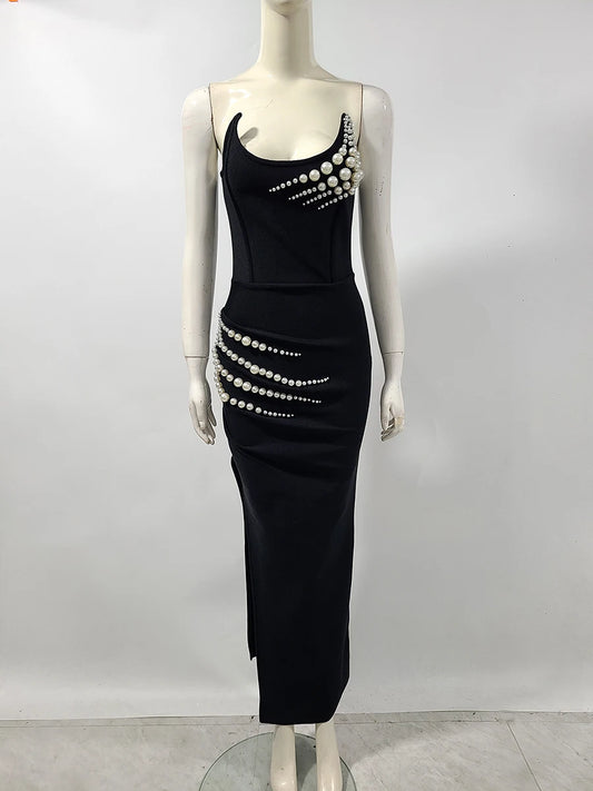 Women Black Strapless Pearl Bead Bandage Bodycon Maxi Dress 2025 Elegant Evening Party Gowns Vestido