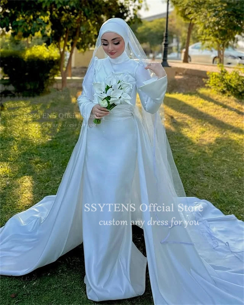 Luxury Muslim Wedding Dresses Mermaid Long Sleeve High Neck Satin Formal Bride Gowns Elegant Vestido De Novia Customized Picture Color