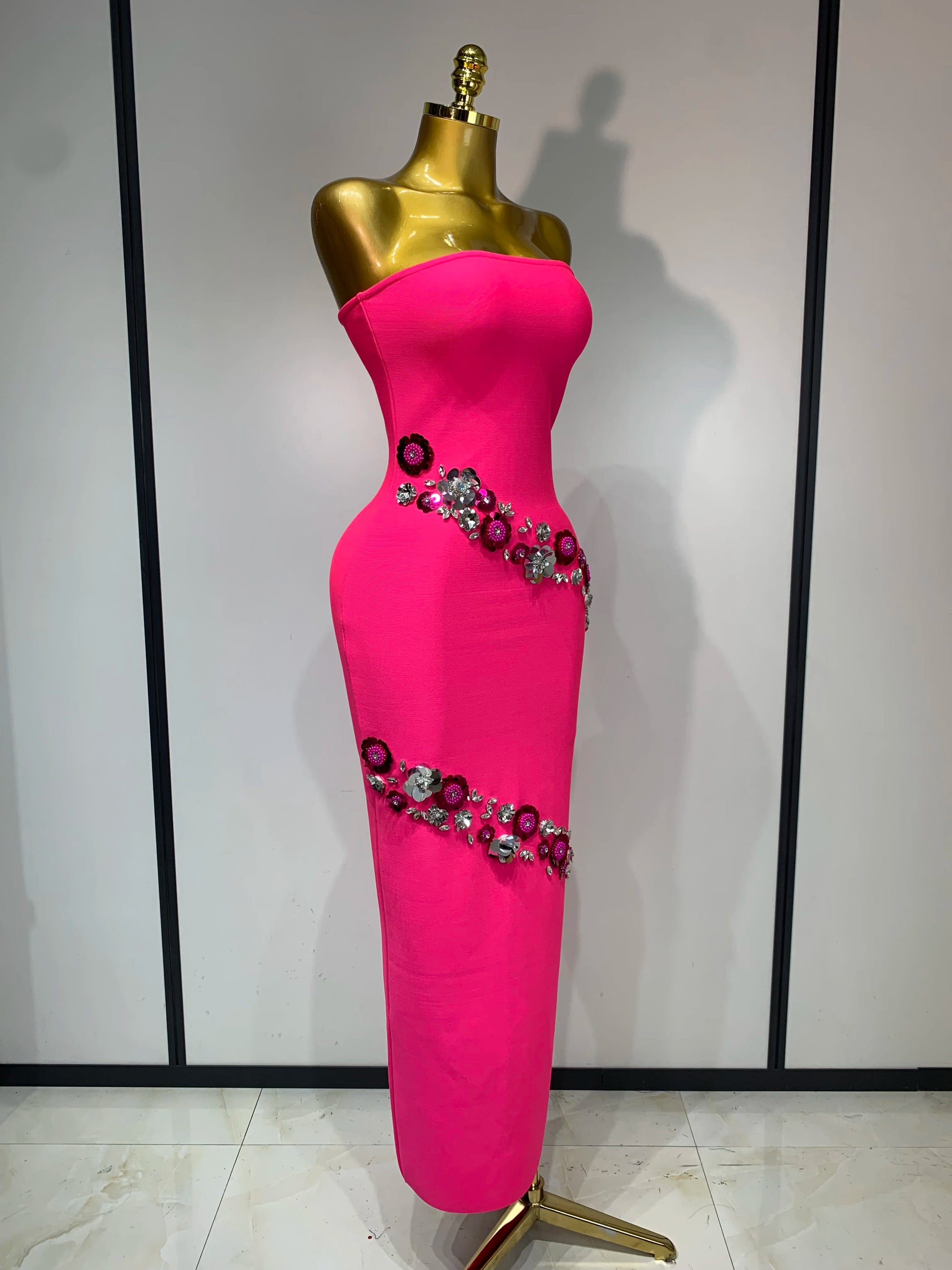 Sexy Fashion Elegant Strapless Beading Bodycon Long Dress Women Club Birthday Evening Party Slim Celebrity Elegangt Dresses