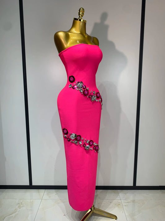 Sexy Fashion Elegant Strapless Beading Bodycon Long Dress Women Club Birthday Evening Party Slim Celebrity Elegangt Dresses