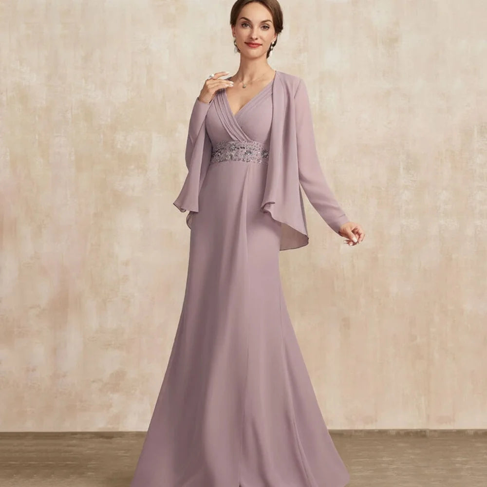 Mother Of The Bride Dress - V Neck Customized Mother Dress Chiffon Elegant Mermaid Long Sleeves Bridal Party Gowns Crystal Formal Occasion Bridal Dresses picture color
