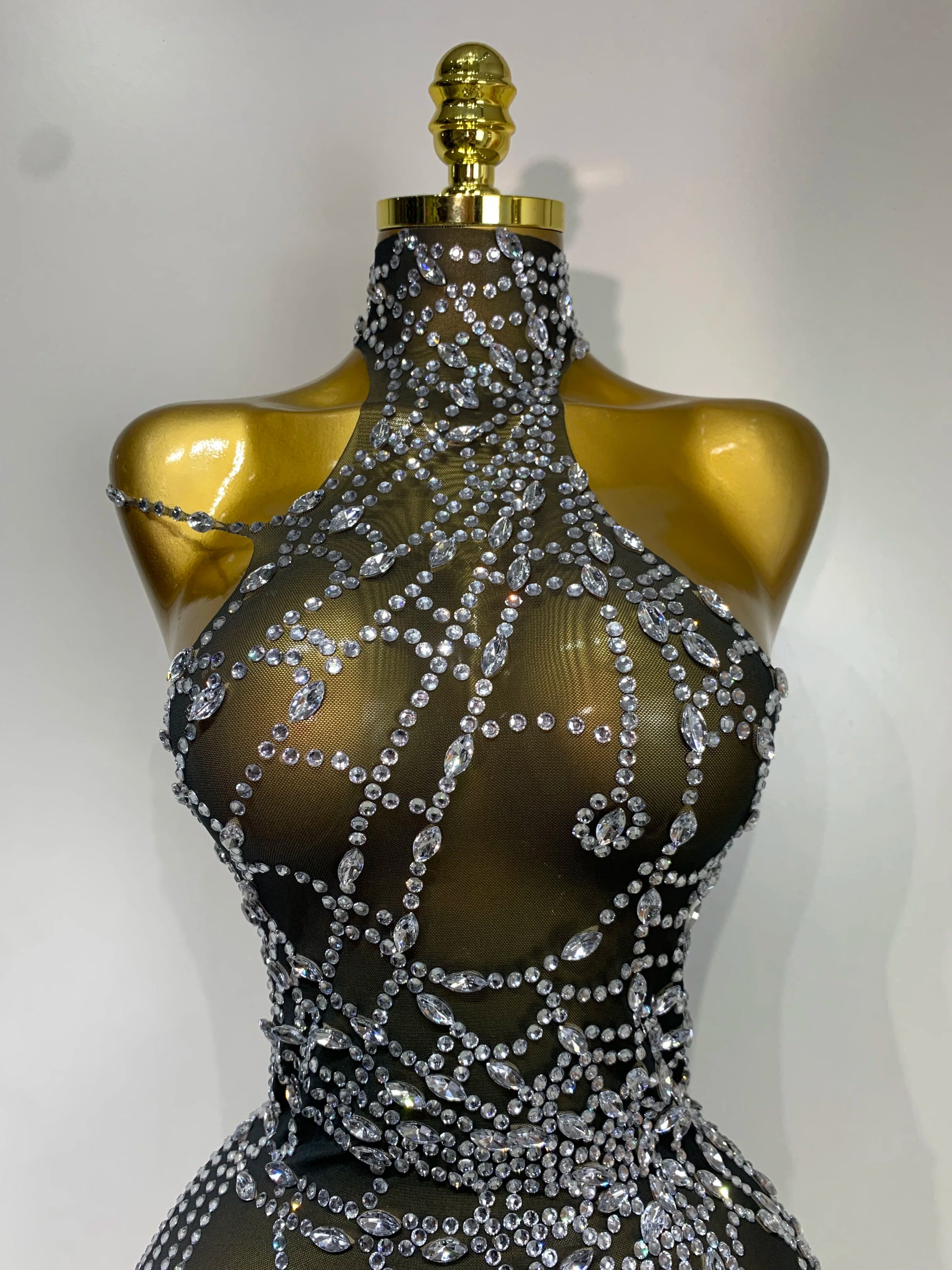Sparkly Diamond Sexy Mesh See Through Stretch Bodysuits Women Evening Party Birthday Nightclub Bar Gogo Dancer Stage Costume