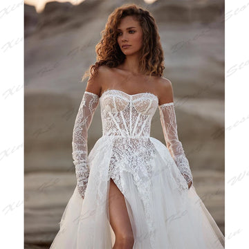 Elegant Lace Applique Wedding Dresses A-Line Sexy Mermaid Off Shoulder Long Sleeve High Split Illusion Bride Gowns Custom Made