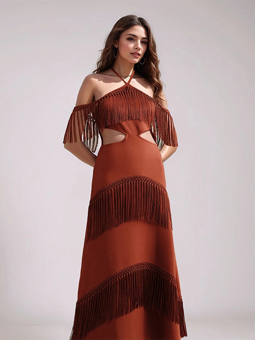 Elegant Bandage Tassels Dress Women Sexy Halter Backless Sleeveless Hollow Out Vestidos Female 2025 Fashion Evening Party Robe