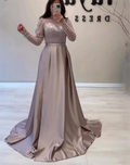 Exquisite Beaded Evening Dresses Long Sleeves Satin Slit Side Formal Prom Dress Women Wedding Party Bridesmaid Gowns