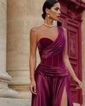 Elegan Fushia Prom Dresses A-Line One Shoulder Pleated High Side Slit Floor Length Party Gowns vestidos de graduación