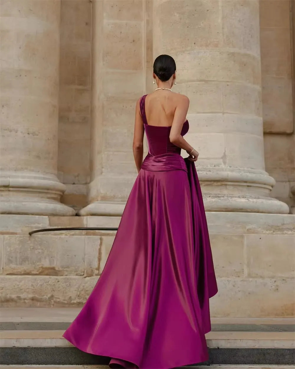 Elegan Fushia Prom Dresses A-Line One Shoulder Pleated High Side Slit Floor Length Party Gowns vestidos de graduación