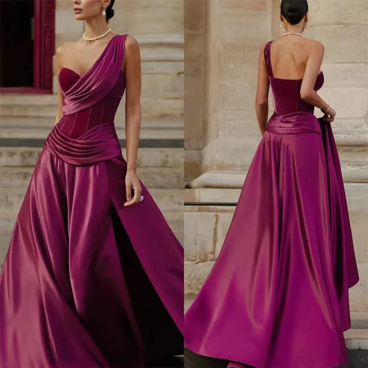 Elegan Fushia Prom Dresses A-Line One Shoulder Pleated High Side Slit Floor Length Party Gowns vestidos de graduación