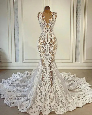 Sexy Mermaid Wedding Dresses Lace Applique Sleeveless Illusion Bodice O-Neck Sweep Train Custom Made Vestido De Novia Champagne