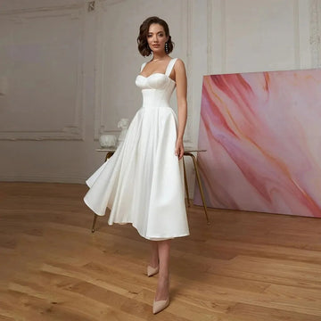 Sexy Sweetheart Sleeveless Vestidos De Novia Short Wedding Dresses Modern Satin Vestido De Noiva Ivory 24W