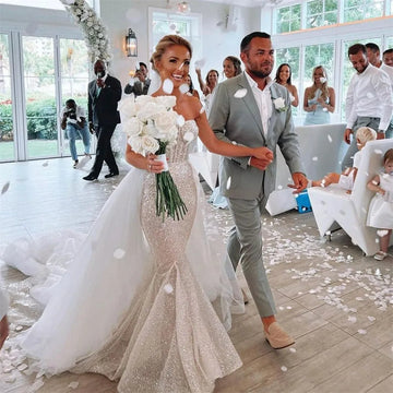 Glitter Mermaid Wedding Dresses Off Shoulder Sweetheart Shiny Bridal Gowns Sparkly With Puffy Tulle Train Bride Dress Ivory