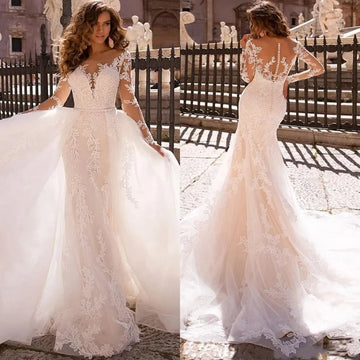 Gorgeous Lace Applique Vestido De Novia With Detachable Train Sexy Lace Mermaid Sheer Mesh Top Bridal Plus Size Wedding Dress