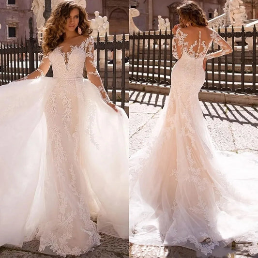 Gorgeous Lace Applique Vestido De Novia With Detachable Train Sexy Lace Mermaid Sheer Mesh Top Bridal Plus Size Wedding Dress