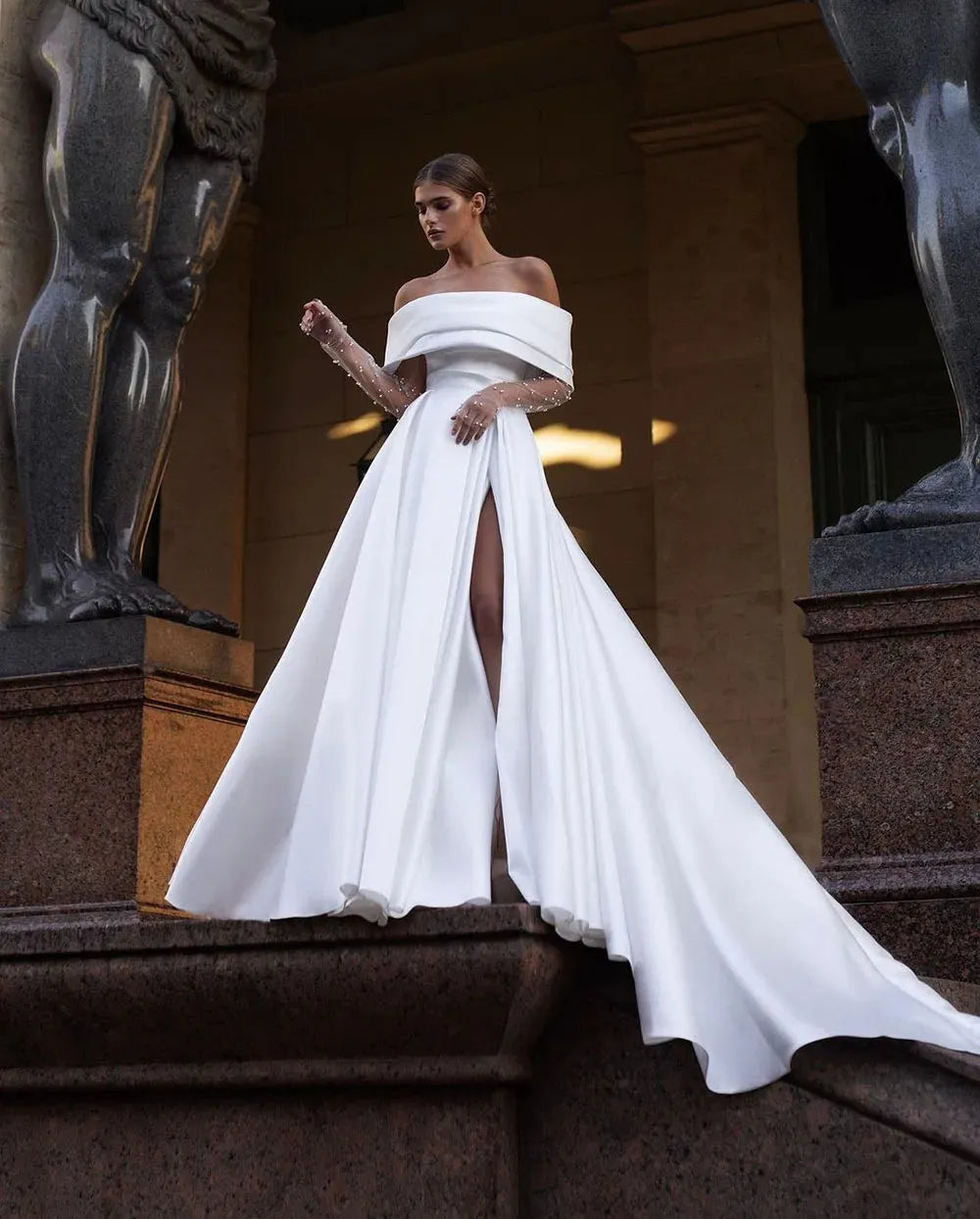 Elegant Satin A Line Wedding Dresses Off The Shoulder Pearls Long Sleeves Side Split Bride Dresses For Women Bespoke