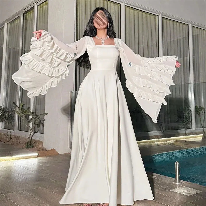 Elegant Arabia A-Line White Prom Dress Chiffon Long Cape Sleeves Ruffles Floor Length Evening Dress vestido de gala