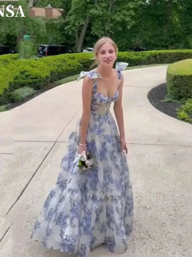 Blue And White Porcelain فساتين سهره فاخره Sweet Light Blue A-line فساتين السهرة Bow On Shoulder Prom Dresses As Picture