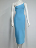 2025 Sexy Women's Blue Bandage Dress One Shoulder Sleeveless Bodycon Backless and Knee Dress Cocktail Evening Party Vestidos