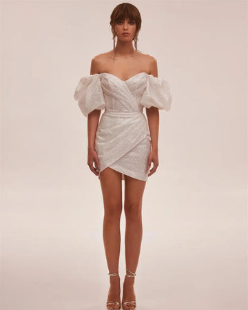 Sansa Glitter Short Hip Wrap Prom Dress Off Shoulder Puffy Sleeve Vestidos De Fiesta Sexy Lace up Back Evening Dress White