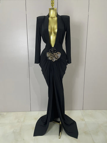 Sexy Deep V-Neck Long Sleeve Bodycon Long Dress Women Spring Elegant Evening Party Celebrate Cocktail Outfit Vestido black