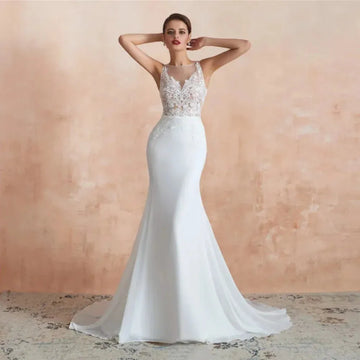 White Mermaid Chiffon Wedding Dress Women Sleeveless Illusion Back Lace Appliques 3D Floral Modern Country Style Bridal Dress As Picture