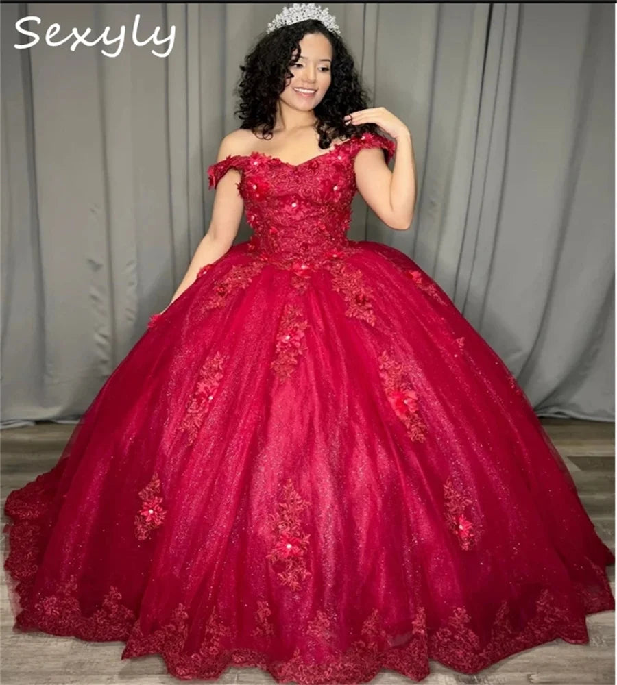 Sparkly Red Quinceanera Dresses 2025 With 3D Florals Vestido 15 Quinceañeras Anos Lace Up Beaded Birthday Dress Customized
