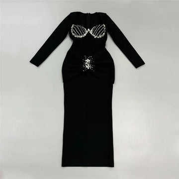High Quality Women Long Sleeve Sqaure Collar Shinning Diamond Bodycon Long Bandage Dress Celebrate Elegant Evening Party Wear