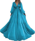 Long Puff Sleeves Prom Dresses V-Neck Pleats Chiffon Princess Evening Gowns Women Party Dress Plus Size Blue
