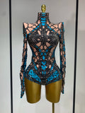 Sexy Stage Sparkly Rhinestones Bodysuit Dance Costume Party Bar Show Performance drag queen Outfit Cosplay Halloween Clothing Blue