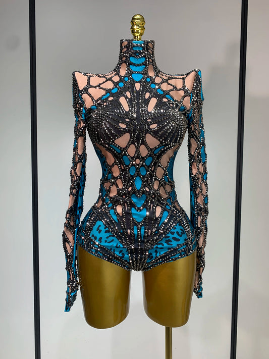 Sexy Stage Sparkly Rhinestones Bodysuit Dance Costume Party Bar Show Performance drag queen Outfit Cosplay Halloween Clothing Blue
