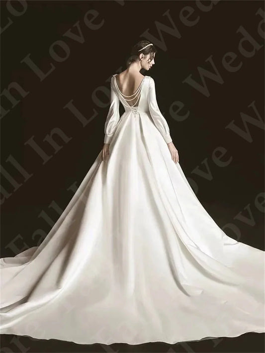 Robe de mariée Sexy Backless Pearls Wedding Dresses For Women V-Neck Long Sleeve A-Line Pure Satin Bridal Vestidos De Novia