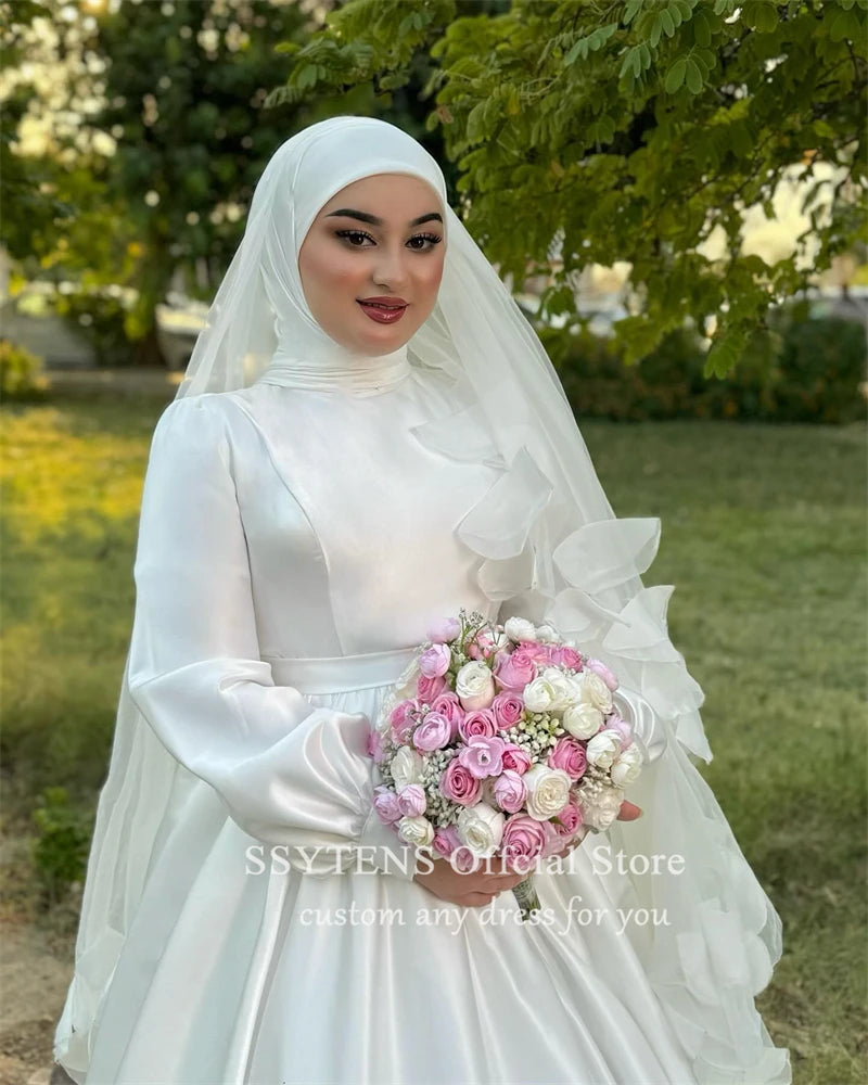 Muslim A-line Wedding Dresses High Collar Satin Bride Gown Floor Length Bridal Dress Long Sleeves Custom robe de mariée