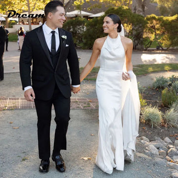 Satin Sleeveless Meidmaid Wedding Dresses Ruched Halter Neck Bridal Gowns Sweep Train Vestidos Novias Boda Custom Made White