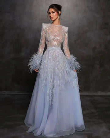 Crew Neck Prom Dresses Shinny Sequins Sexy See Long Sleeves Cocktail Party Evening Dress with Feathers Celebrity Gowns As Picture