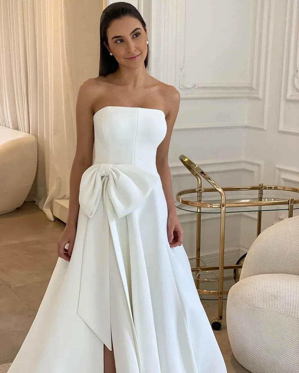 Satin Wedding Dresses Side Slit Satin A-Line Wedding Party Gowns Strapless Elegant Long Bride Gowns
