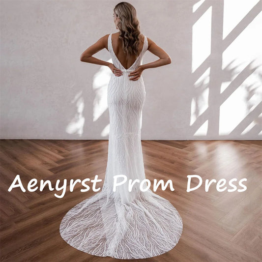 Aenyrst Lace Spaghetti Strap Mermaid Wedding Dresses Square Collar Beading Backless Court Train Bridal Gowns Boho Custom Made