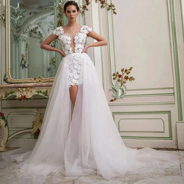 Detachable Train Wedding Dress For Women Elegant Sheath Mini 3D Flowers Applique Cap Sleeves Bridal Dress Vestidos De Mujer As Picture
