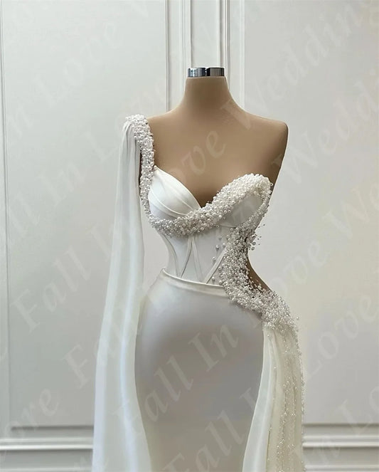 Luxury Wedding Dress Sweethear Neck With Pearls Beads Sequins Custom Lace-Up Or Zipper Satin Mermaid Bridal Gowns Evening Dress