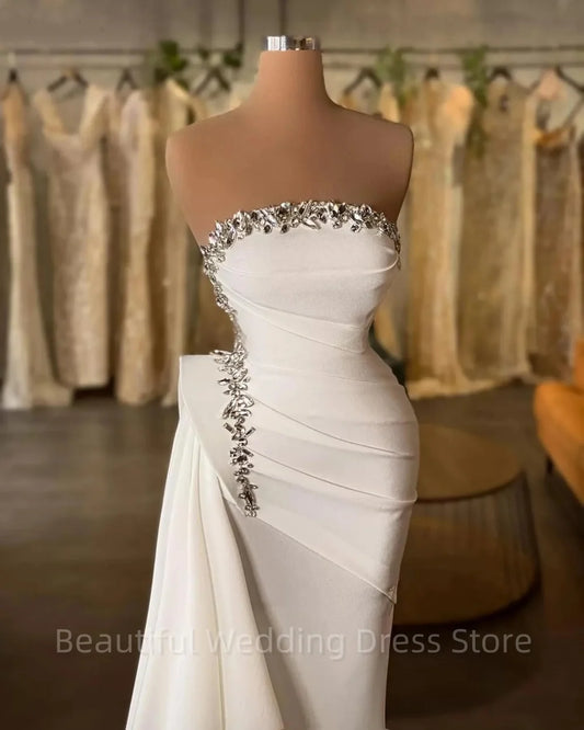 Modern Elegant White Mermaid Wedding Dresses Sparkle Rhinestone Pleated Sexy Strapless Ruched Bridal Gowns Vestidos De Novia