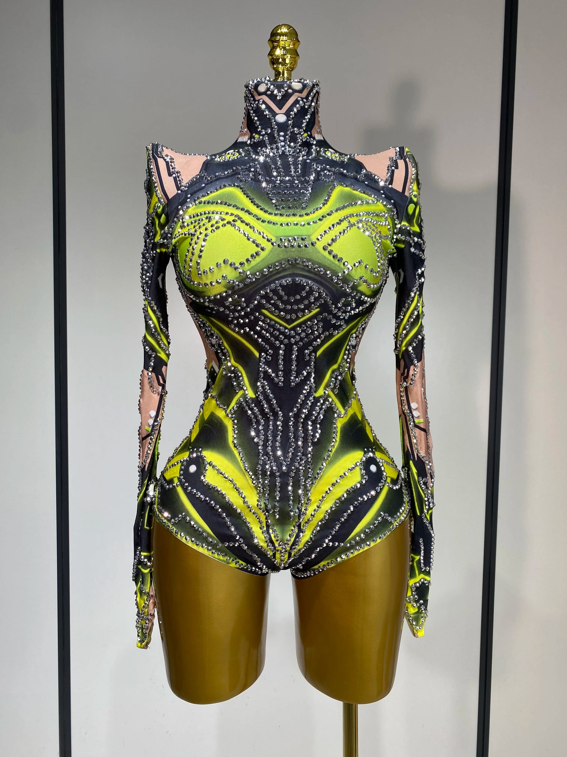 Sexy Stage Sparkly Rhinestones Bodysuit Dance Costume Party Bar Show Performance drag queen Outfit Cosplay Halloween Clothing Fluorescent Green