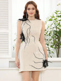 2025 Elegant Women's Sparkling 3D Flower Decorative Dress O-neck Sleeveless Bodycon Mini Dresses Cocktail Evening Party Vestidos Beige