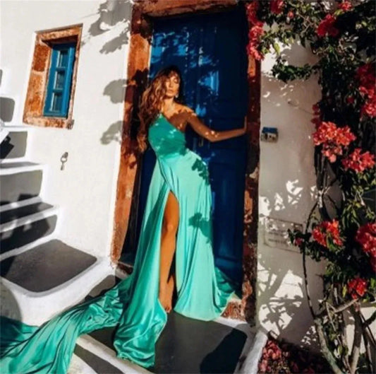Float Long Train Vestido De Novia Sexy One Shoulder Prom Gown High Split Prom Dress Sexy Deep V-neck