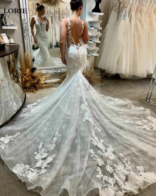 LORIE Boho Lace Mermaid Wedding Dress Sexy V Neck Appliques Bride Dresses Puff Tulle Wedding Bridal Gowns