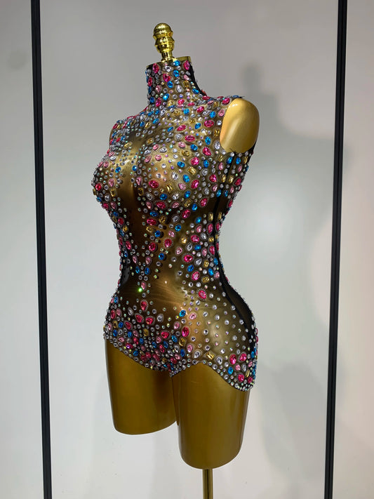 Sparkly Colorful Rhinestones Crystals Leotard Luxury Birthday Celebrate Sexy Outfit Sleeveless Mesh Bodysuit Stage Costume