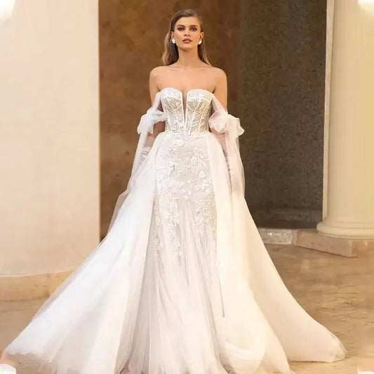 Sexy Strapless Bridal Dress Detachable Tail Lace Embroidery Mermaid Wedding Gown Plus Size Custom Made Vestido De Noiva
