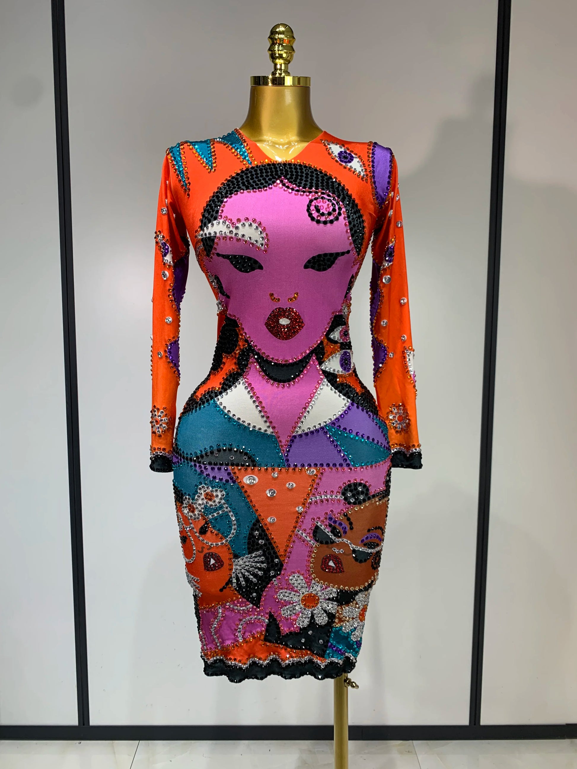 Women Sexy Long Sleeve Cartoon Print Short Dress Nightclub Performance Stage Costume Celebrity Evening Party Birthday Dress MULTI