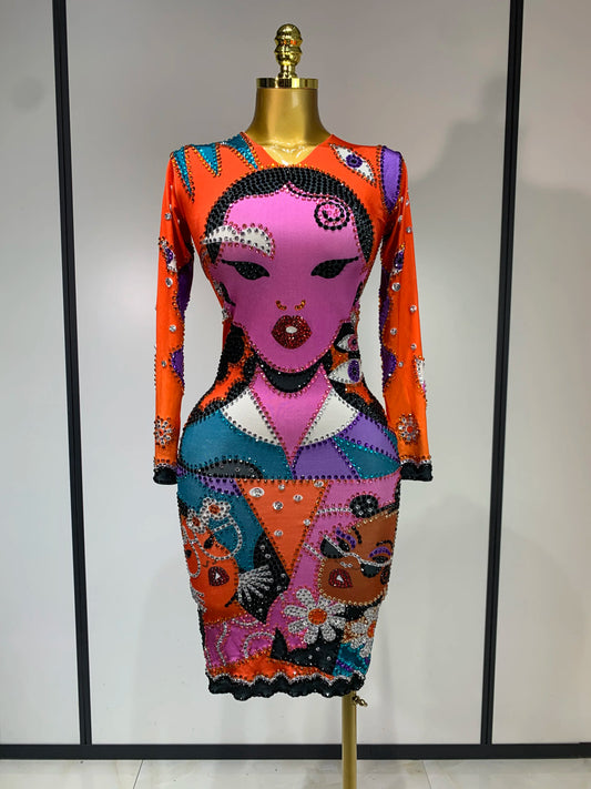 Women Sexy Long Sleeve Cartoon Print Short Dress Nightclub Performance Stage Costume Celebrity Evening Party Birthday Dress MULTI